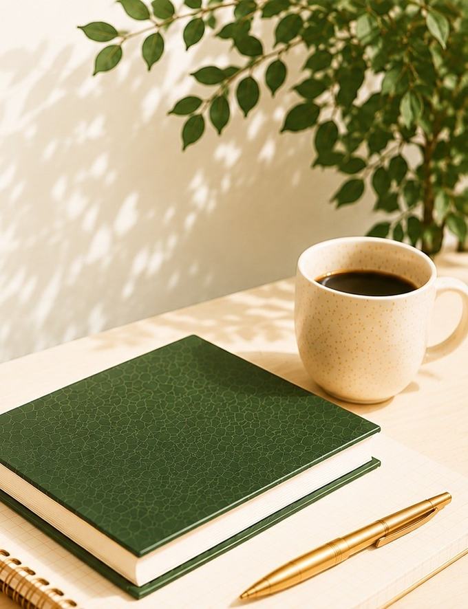 A journal, coffee, and pen on a desk — a calm space for planning your finances